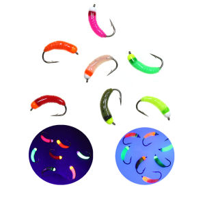4PCS #8 Luminous and UV Brass Bead Head Bug Worm Fly Flies Fast Sinking Caddis Pupa Artificial Insect Baits for Trout Fishing