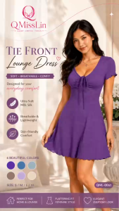 QMissLin QML-0061 Women V Neck Tie Front Dress Soft Milk Silk Lounge Dress Casual Homewear Sleepwear S-XL