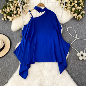 Casual Shoulder Bared Batwing Sleeve Shirt Womens Loose Fit Asymmetrical Summer Fashion Top round Neck Long Sleeve Korean Style