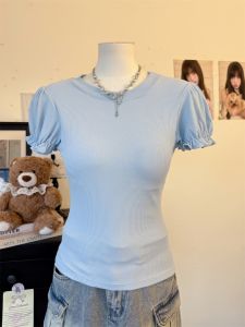 Summer Slim Fit Sweet Girl T-Shirt round Neck Bubble Sleeve Pleated Waist Inward Chest Pad Versatile Short Sleeve Cotton Top
