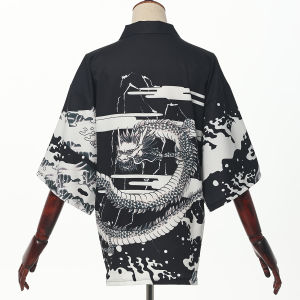 Japanese Style Black Haori Shirt Womens Summer Loose Crane Coat Print Kimono Tops