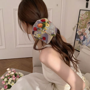French Style Rose Print Square Scarf Elastic Hair Ties Womens Premium Feeling Hair Bands Bun Headbands Hair Accessories