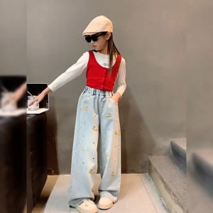 2025 Jeans for Kids Girls 5-16yrs New Denim Jeans Straight Leg Pants Wide Leg Trousers Baggy Pants Korean  Fashion Embroidery Design