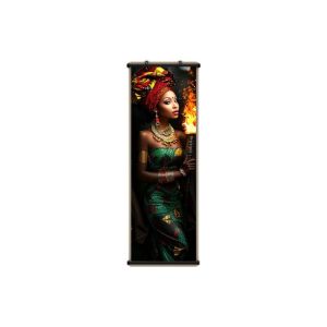 VIKAMA African Matriarch Torch Wall Tapestry Flaming Vibrant Gown Gold Adornment Portrait Oil Canvas Scroll Art Home Decor Cozy