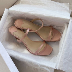 Summer New Fine Heel Silk Sandals Women Outdoor Wear Square Head High Heel Open Toe Shoes Versatile Pink Slippers