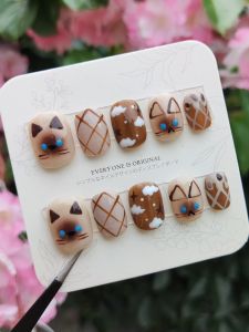 Hand-Painted Cat Armor Short Nail Art Fashion Plate with Unique Cool Weird Style Handmade Watercolor Art Nail Care Product for Any Skin Type