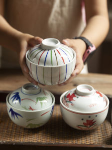 ชามข้าวญี่ปุ่นเซรามิกลายดอกไม้ ชามน้ำข้าวต้ม ชามน้ำข้าวเหนียว ชามน้ำข้าวต้มแบบมีฝา ชามสำหรับผู้ชายและผู้หญิง