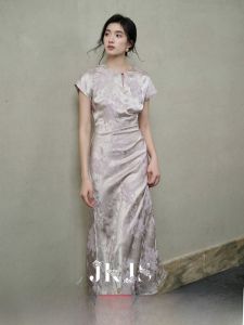 JK&JS | Elegant Purple Silk Tassel Dress New Chinese Style High Waist Short Sleeve Round Neck Gown For Women Luxury Qipao Skirt
