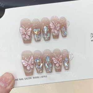 New 2024 Luxury Sparkling Diamond Nail Art Removable Butterfly Knot White Enhancing False Nails Patches Elegant Gentle Color