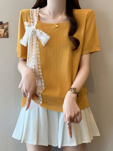 Lace Tie Shoulder Short Sleeve T-Shirt Women Summer plus Size Belly Cover Slimming Unique Beautiful Top Korean Style Loose Fit