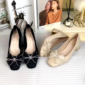 Sepatu Heels Wanita Elegan Satin Glitter Pita – Pumps Formal Cantik Hak 5cm Size 36-40