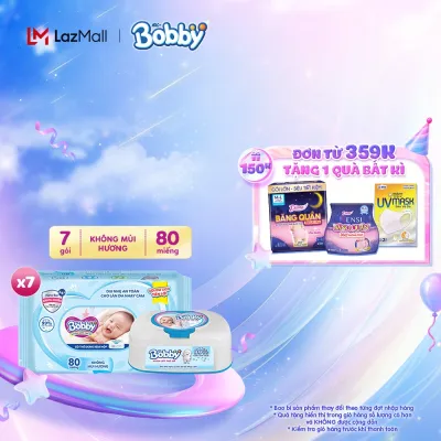 [Tặng 1 hộp khăn ướt tiện lợi] Combo 7 gói khăn giấy ướt trẻ em Bobby Care gói Bổ sung không mùi - 80 miếng