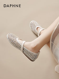 Daphne Mary Jane Flat Womens Shoes Summer New Style Water Diamond Buckle Crystal Soft Bottom Bean Single Shoes Casual Mesh