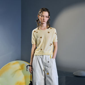 New 2026 Summer Stylish Yellow Printed Short Sleeve Thin Sweater