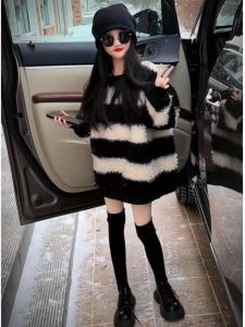 Thickened Fleece Hoodie Striped Design Casual Style for Girls Autumn Winter Loose Fit Warm And Stylish Childrens Knitted Sweater