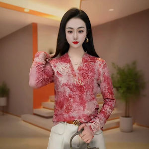 เสื้อเชิ้ตแขนยาวคอวีลายดอกไม้ยืดหยุ่นสำหรับผู้หญิงในฤดูใบไม้ผลิและฤดูใบไม้ร่วง เสื้อชั้นในลำลองกระชับสัดส่วน ผ้าตาข่าย แฟชั่นเกาหลี