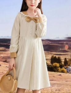 KYII Kids Girls Summer Round-neck Dress Casual Loose Long Sleeve Dress kyii0043