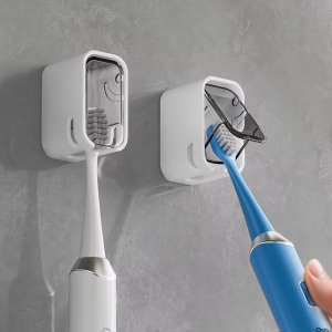 2Pcs Toothbrush Holder Wall Mounted Electric Toothbrush Storage Rack Flip-top No Drilling Adhesive Dustproof Bathroom Organizer