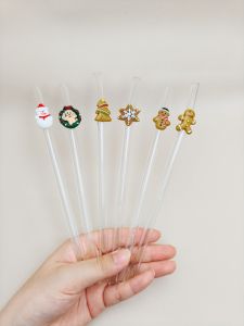 1/6PCS Christmas Glass Straw Set6 festive designs with brush. For  tea cocktails &drinks. Perfect holiday gift for parties.