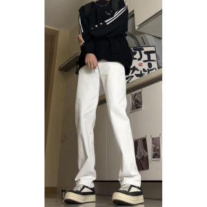 กางเกงยีนส์ทรงหลวมเอวสูงสีดำแท้สำหรับผู้ชาย กางเกงขายาวทรงตรงทรงเข้ารูป ทรงขากระบอกเล็ก สไตล์ฮิปฮอปสตรีทสไตล์อเมริกัน