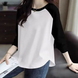 เสื้อยืดคอกลมแขนยาวผู้หญิงฤดูใบไม้ผลิ 2024 เสื้อเชิ้ตทรงพอดีตัวสำหรับใส่ทำงาน ผ้าฝ้ายผสมโพลีเอสเตอร์ ความยาวปกติ