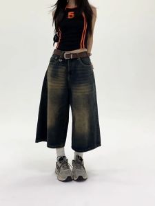 Vintage Biru Pants Wide Leg Celana Jenas Panjang Wanita Celana 7/8 Wanita HW Celana Korea Pants Hot Pants