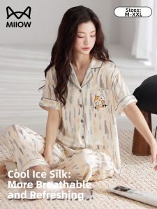 MiiOW | New Summer Ice Silk Cool Feeling High Grade Womens Sleepwear Short Sleeve Long Pants