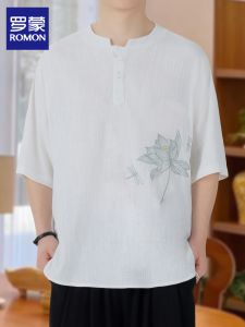 ROMON | Breathable Linen Chinese Style Embroidered Mens T-Shirt Short Sleeves