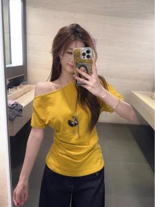 Summer Short Sleeve T-Shirt Womens Fashion Korean Style Waist-Cinching Diagonal Collar Top Polyester Fiber Casual Wear