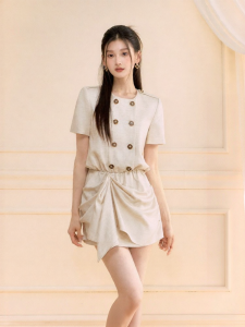 oshea | Váy Mini Linen Cạp Cao Dáng Chữ A Tay Ngắn Hai Hàng Khuy Phong Cách Old Money Cho Nữ Mới Về Mùa Hè