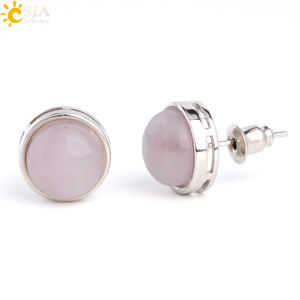 CSJA Natural Gem Stone Round Stud Earrings Pink Quartz Tiger Eye Crystal Silver Color Simple Ear Jewelry for Women Earring G063