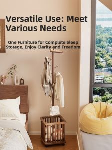 Bedroom New Style Stand up Real Wood Clothes Hat Rack Space Saving with Dirty Laundry Basket Clothes Storage Shelf