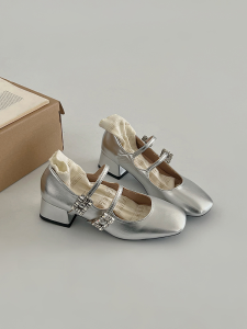 Yin Xiaoniu French Rhinestone Silver Retro Middle Chunky Heel Mary Jane Shoes Female 2024 Spring and Summer Wanwan Lei Style Flats Flats