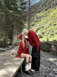 Red Knitted Sweater Couple Matching Lazy Style Mens Christmas Theme Polyester Fiber Long Sleeve Overhead Casual Wear