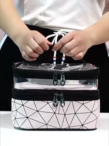 [Bisa COD] Tas Kosmetik Make Up Travel Wanita / Tas Make Up Waterproof Motif Garis / Pouch Make Up Wash Bag Cewek / Washbag Organizer / Dompet Kosmetik Toiletry Besar Transparan Model Korea Anti Air Bening Import Murah