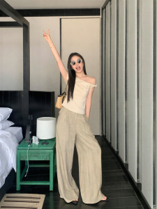 ALOHA LU | Quần Dài Phong Cách Hàn Quốc Đùi Cao Ống Rộng Thiết Kế Rộng Rãi