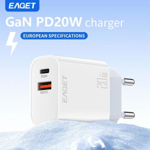 EAGET Gallium Nitride Wall Freezing Point 20w Dual Port PD Power Supply Fast Type C Charging Block Plug