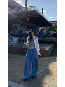Trendy Spring Blue Pure Cotton Wide Leg Casual Pants