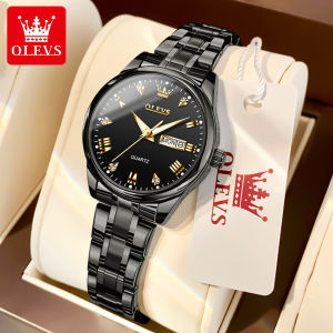 OLEVS Watch for women/men waterproof original pawnable korea style elegant luxury stainless steel  dual calendar black watch for couple