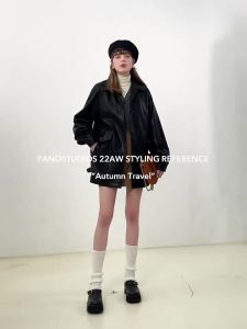 Fano | Áo Khoác Da PU Đen Vintage Cổ Bẻ cho Phụ Nữ
