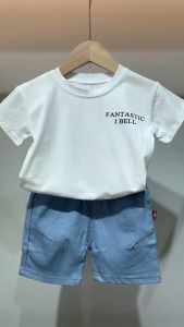 Childrens suit boys and girls Tyrannosaurus Rex printed solid color T-shirt short-sleeved denim cotton shorts summer fashion two-piece set