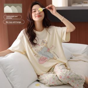 Miiow | Catwoman Summer New Loose Cotton Sleepwear Womens Short Sleeve Long Pants Cartoon Cute Home Clothes Set Sweet Cute Style