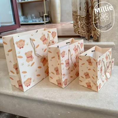 Cute Bread Bear Gift Bag Cartoon Hand Drawn Illustration Birthday Stationery Packaging Paper Products Handheld Bags