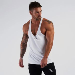 Mens Deep V Tank Top Cotton Gym Clothes Stringer Vest Summer Sport Standard Fit Sweat Vest Fashionable Casual Male Attire