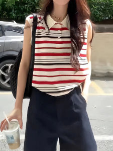 plus Size Polo Neck Sleeveless Knitted Sweater Women Summer Slimming Concealing Collar Vest Top Striped Pattern Korean Style
