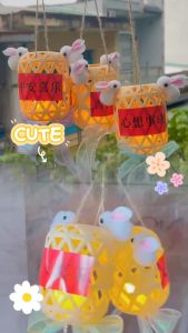 Lồng Đèn Trung Thu Rọ Giỏ Nhựa 2 Thỏ Ngọc Có Nơ Đáng Yêu Đèn LED Cho Bé