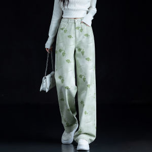 High Waist Wide Leg Denim Jeans Womens New 2025 Purple Print Loose Long Pants Straight Cut Casual Cotton Trousers