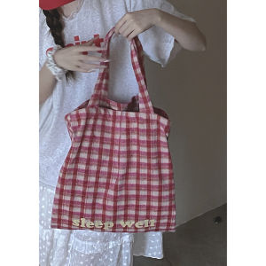 กระเป๋าผ้าแคนวาสทรงตู้เสื้อผ้าแบบลำลองสำหรับนักเรียนวิทยาลัย กระเป๋าถือผู้หญิงแบบลำลอง กระเป๋าถือลายสก็อต INS ขนาดใหญ่