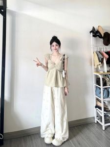 French Style Temperament Texture V Neck Vest Womens Summer New Arrival Plus Size Chubby Girl Ruched Stylish Patchwork Top Ins