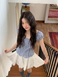 Blue Checkered French Puff Sleeve Shirt
